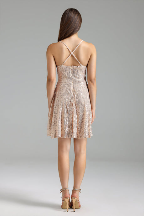 Rose Sequin Mini Dress with Deep V-Neckline and Cinched Waist