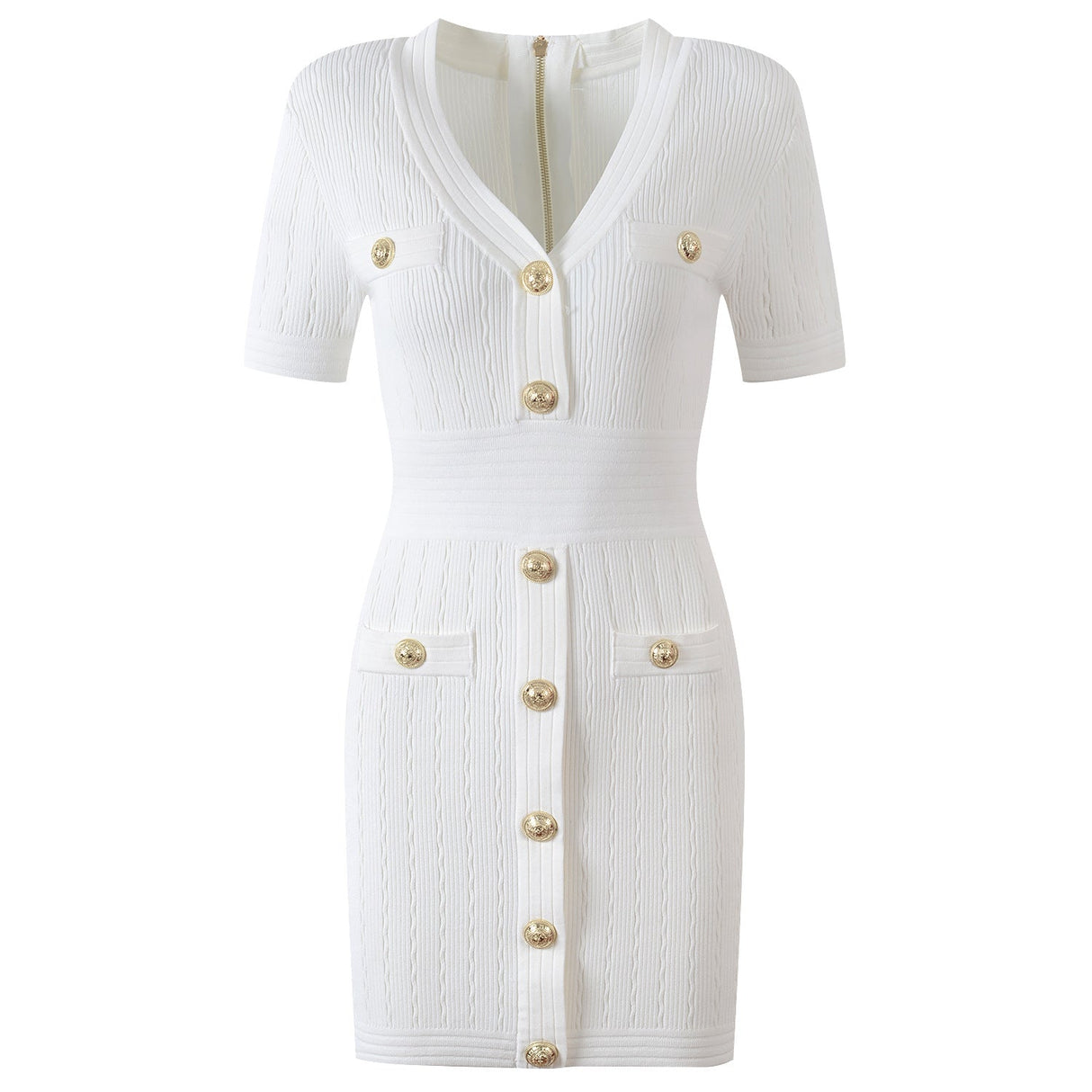 Roselia Top – Fitted Ribbed Knit – Short Sleeves – Gold Button Detail – Front Pockets – Tailored Silhouette – Textured Fabric