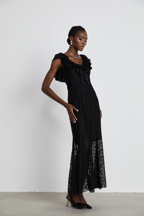 Roseline ruffledtrim florallace gown