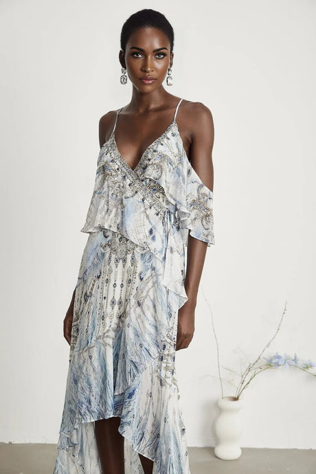 Rosetta Dress White Crystal Embellished Ruffle Hem Midi Silk