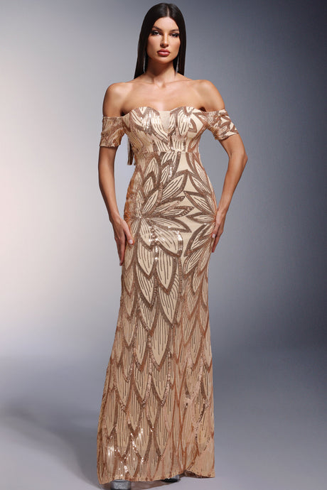 Rosetta Gold Sequin Off-Shoulder Maxi Dress for Formal Events