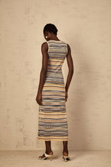 Rosetta Midi Dress Yellow Striped Crochet Knit Fitted Stripe Hem Slip - On & Sleeveless