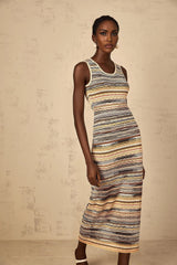 Rosetta Midi Dress Yellow Striped Crochet Knit Fitted Stripe Hem Slip - On & Sleeveless
