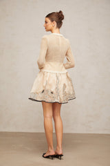 Rosetta Mini Dress in Neutrals and Black Mesh Floral Appliqué