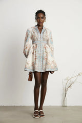 Rosetta Mini Dress White & Blue Floral V - Neck Button Fastening