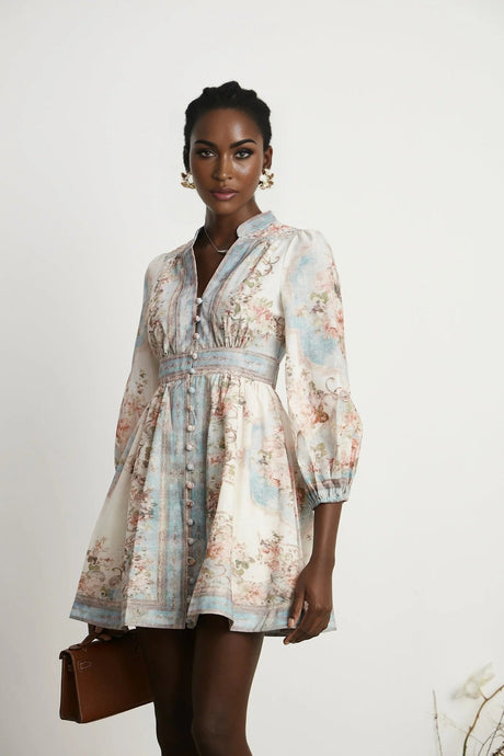 Rosetta Mini Dress White & Blue Floral V - Neck Button Fastening