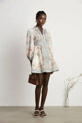 Rosetta Mini Dress White & Blue Floral V - Neck Button Fastening