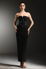 Rossella Black Diamond V-Neckline Sleeveless Dress for Formal Occasions with Shimmering Embellishments