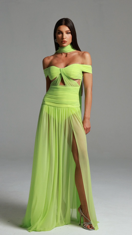 Rossella Green Off the Shoulder Maxi Dress with Hollowed-Out Detailing and Thigh-High Slit