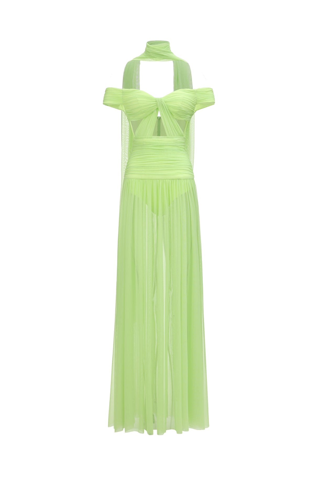 Rossella Green Off-The-Shoulder Maxi Dress with Hollowed-Out Detailing and Thigh-High Slit for Evening Events or Special Occasions