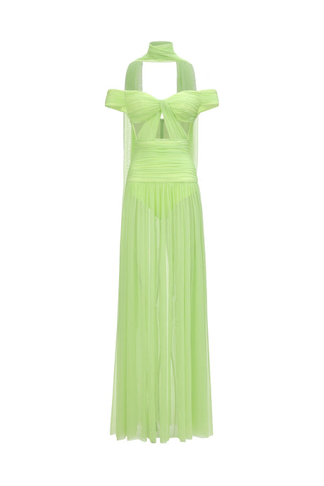 Rossella Green Off-The-Shoulder Maxi Dress with Hollowed-Out Detailing and Thigh-High Slit for Evening Events or Special Occasions