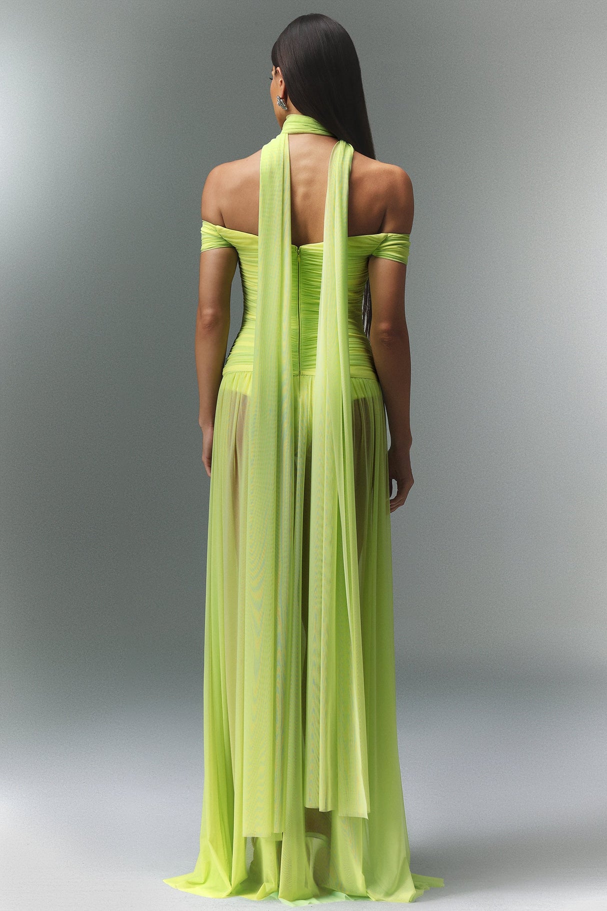 Rossella Green Off-Shoulder Maxi Dress with Hollowed-Out Detailing and Thigh-High Slit