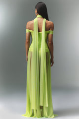 Rossella Green Off-Shoulder Maxi Dress with Hollowed-Out Detailing and Thigh-High Slit