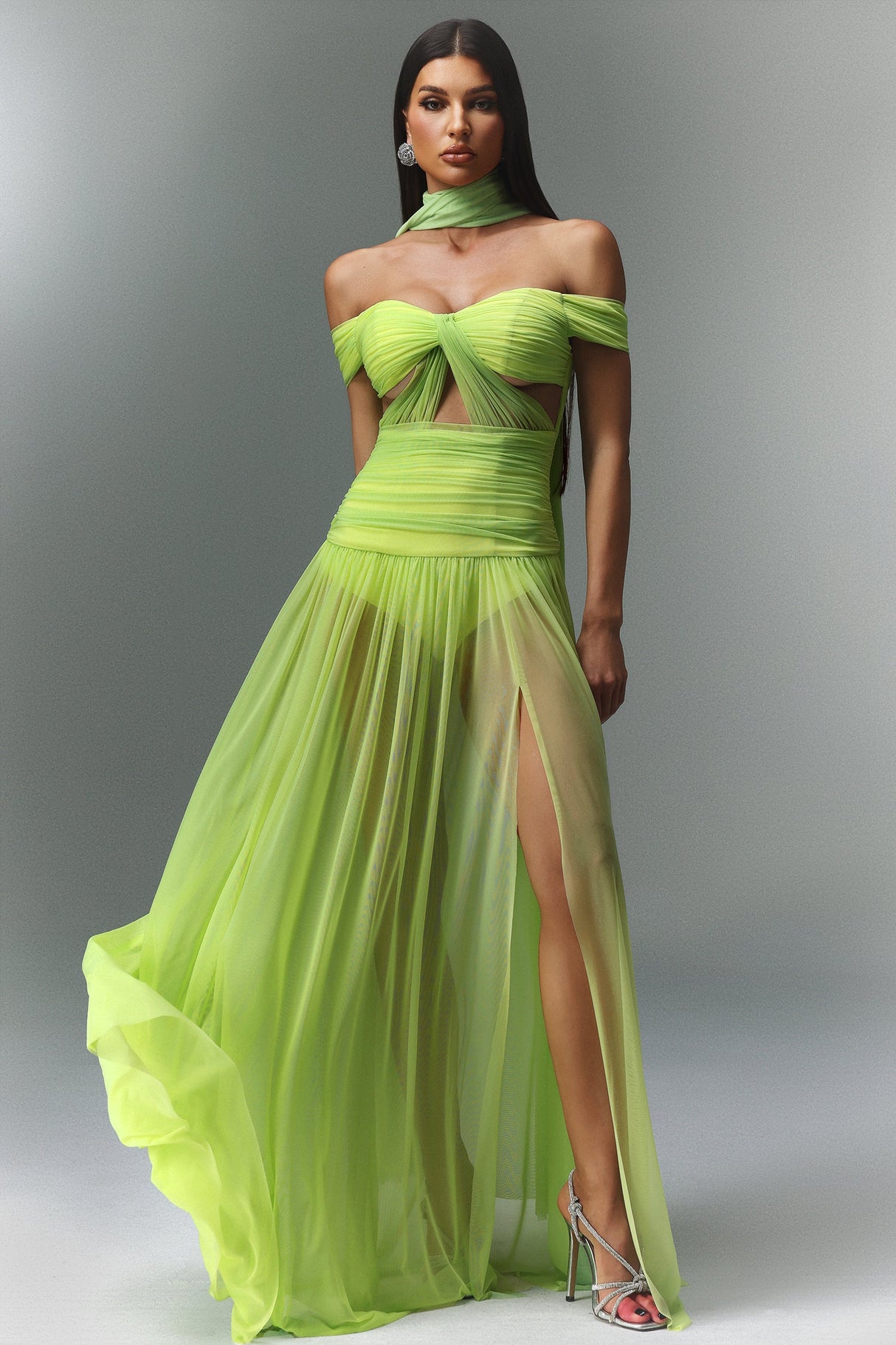 Rossella Green Off Shoulder Maxi Dress with Hollowed-Out Detailing Thigh High Slit Lightweight Fabric