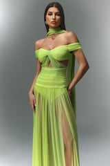 Rossella Green Off-The-Shoulder Maxi Dress with Hollowed-Out Detailing and Thigh-High Slit for Evening Events or Special Occasions