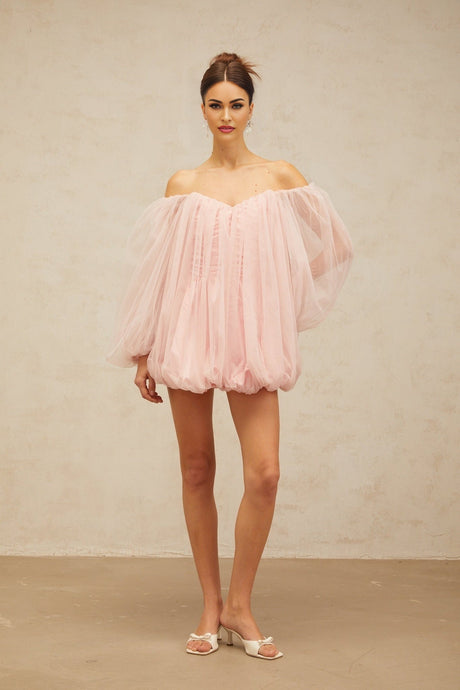 Rossella Mini Dress Pink Tulle Off Shoulder Bubble Detail