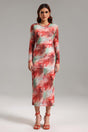 Rossella Red Watercolor Print Fitted Midi Dress Long Sleeves Crew Neckline Soft Mesh Fabric Elegant Contemporary Fashion