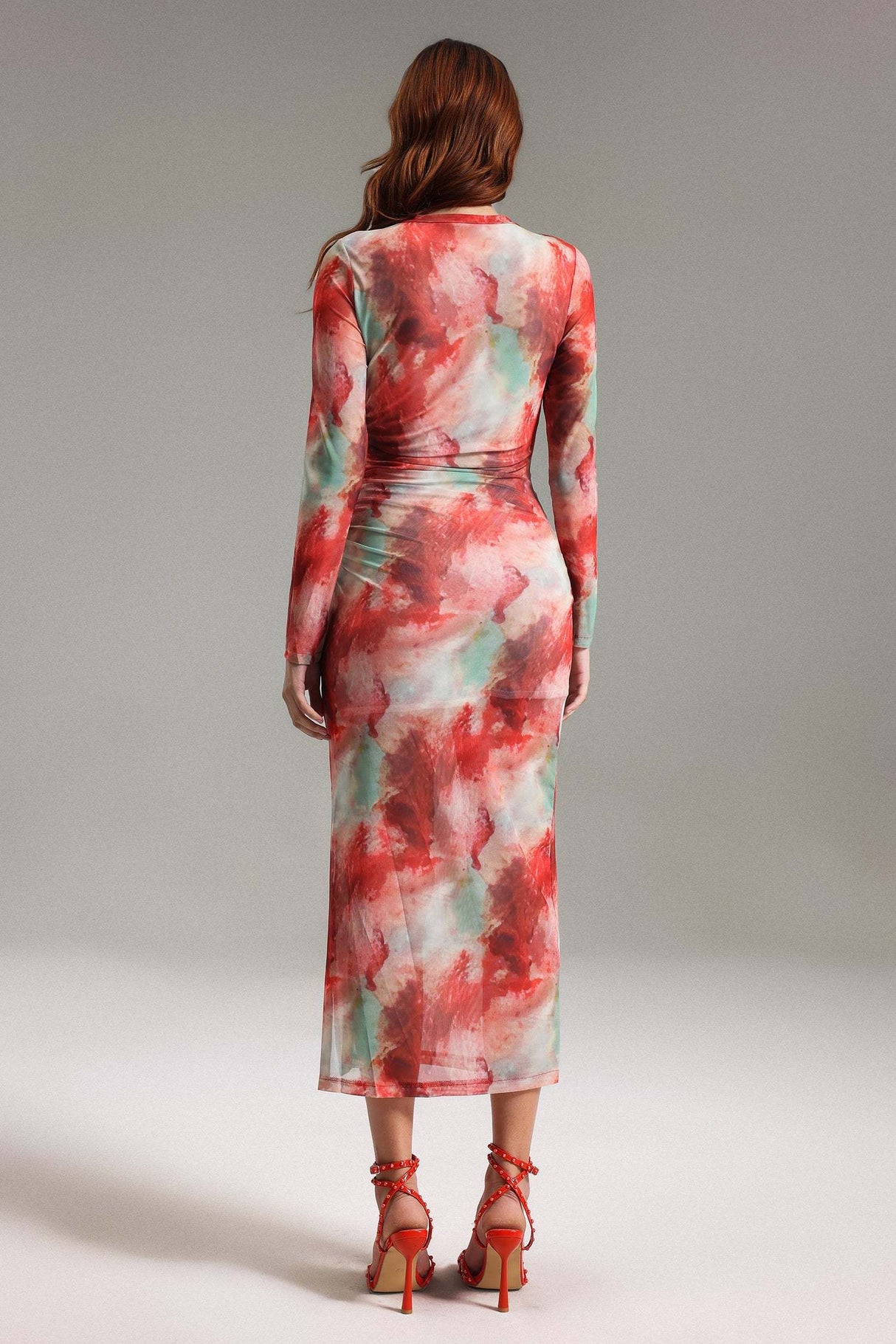 Rossella Red Watercolor Print Mesh Midi Dress