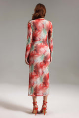 Rossella Red Watercolor Print Mesh Midi Dress