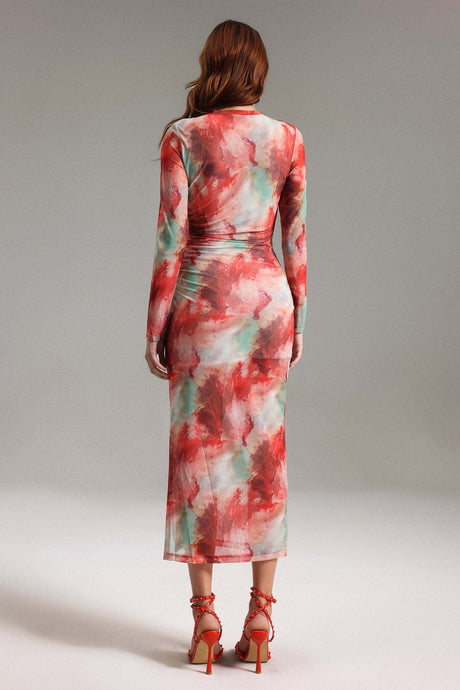 Rossella Red Watercolor Print Mesh Midi Dress