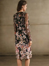 Round Neck Long Sleeve Slit Embroidery 3D Floral Relaxed Casual Dress Maxi Women Outfit