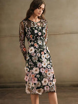 Round Neck Long Sleeve Slit Embroidery 3D Floral Relaxed Casual Dress Maxi Women Outfit