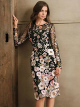 Round Neck Long Sleeve Slit Embroidery 3D Floral Relaxed Casual Dress Maxi Women Outfit