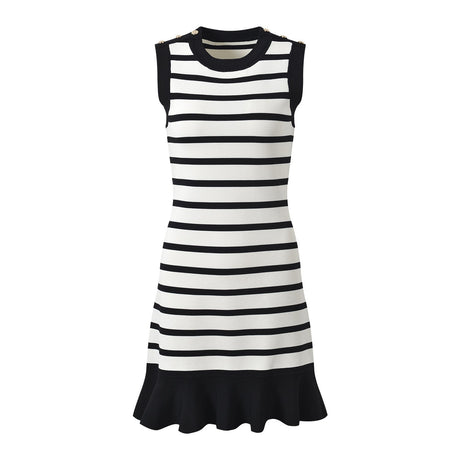 Rowan Dress - Body - Con Style - Sleeveless With Striped Pattern - Gold Button Accents - Ideal for Spring/summer