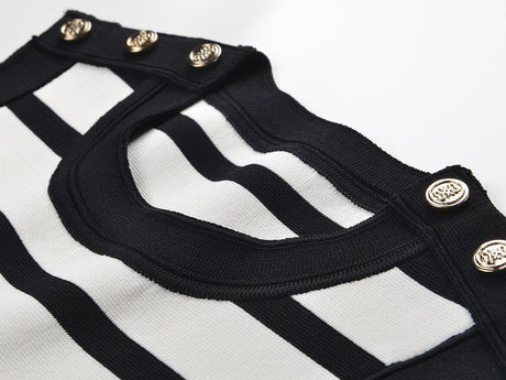 Rowan Dress - Body - Con Style - Sleeveless With Striped Pattern - Gold Button Accents - Ideal for Spring/summer