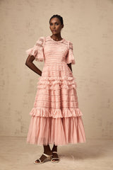 Rowan Midi Dress Pink Tulle Ruffled Dot Tiered Skirt