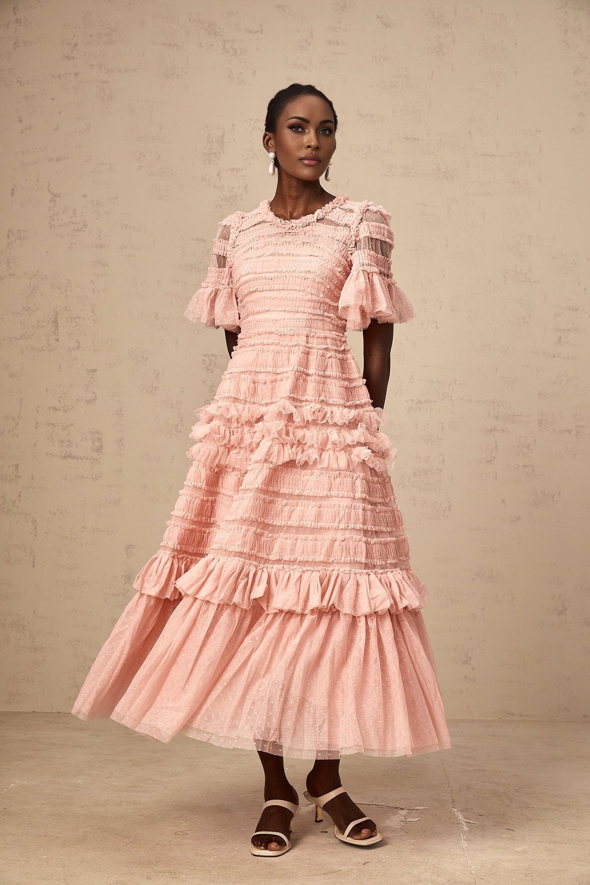 Rowan Midi Dress Pink Tulle Ruffled Dot Tiered Skirt