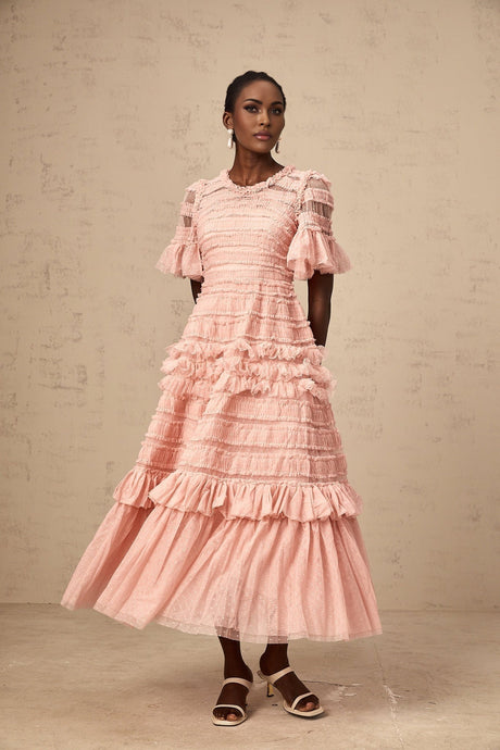 Rowan Midi Dress Pink Tulle Ruffled Dot Tiered Skirt
