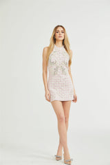 Rowan Mini Dress Pink Halterneck with Faux Pearl Embellishment