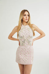 Rowan Mini Dress Pink Halterneck with Faux Pearl Embellishment