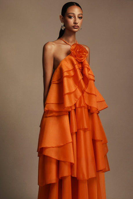Rowan Orange Floral Maxi Dress Sleeveless Lightweight Elegant Flair