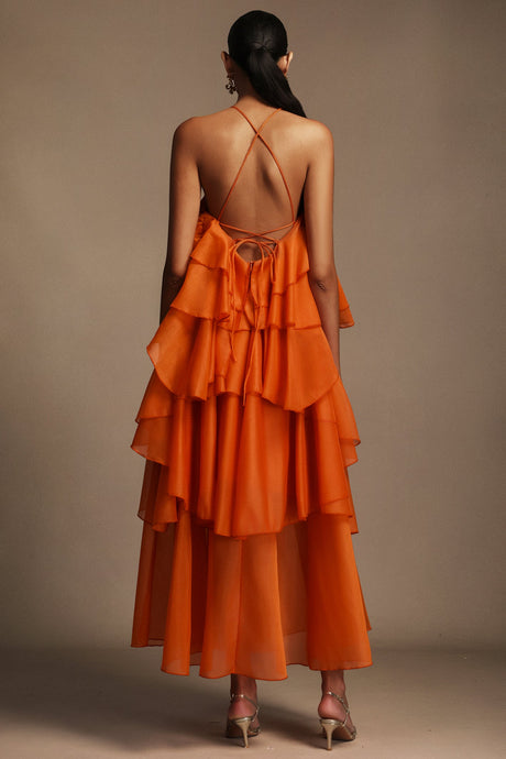 Rowan Orange Floral Maxi Dress Sleeveless Layered Folds Lightweight Fabric Elegant Chic Sophisticated Fit
