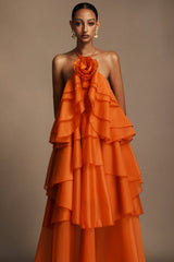 Rowan Orange Floral Maxi Dress Sleeveless Layered Folds Lightweight Fabric Elegant Chic Garden Party Evening Wear