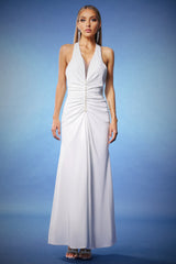 Rowan White Maxi Dress Deep V Neckline Halter Style Button Detail Elegant