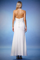 Rowan White Maxi Dress with Deep-V Neckline and Halter Style