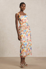 Ruby Beige Floral Maxi Dress Halter Neckline Lightweight Fabric Vibrant Prints Chic Appeal Comfortable Fit Versatile Piece Quality Craftsmanship