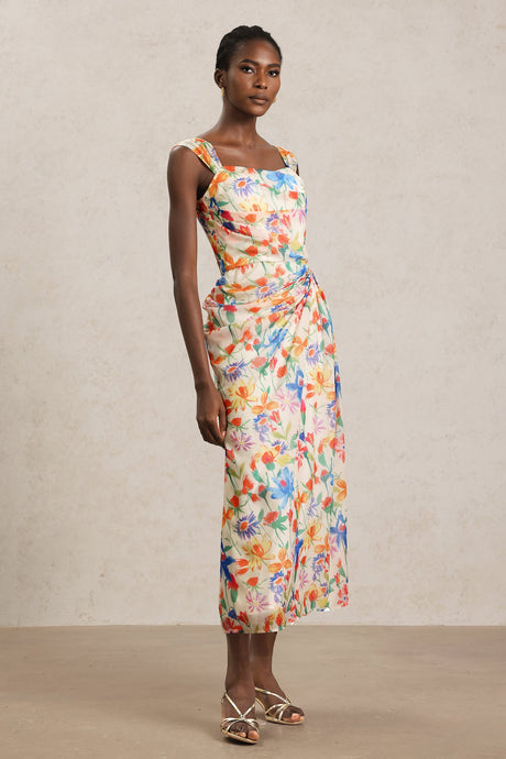 Ruby Beige Floral Maxi Dress Halter Neckline Lightweight Fabric Vibrant Prints Chic Appeal Comfortable Fit Versatile Piece Quality Craftsmanship
