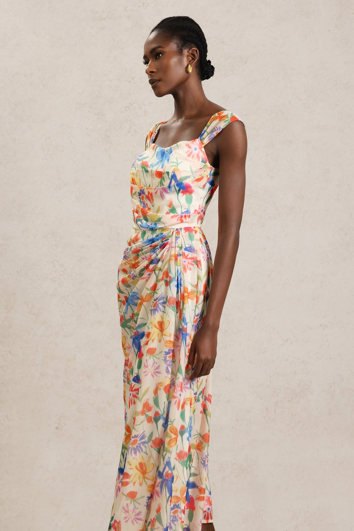 Ruby Beige Floral Maxi Dress Halter Neckline Lightweight Fabric Vibrant Prints B-Folds Casual Formal Brunch Gathering Chic Elegant Comfortable Fit Versatile Quality Craftsmanship