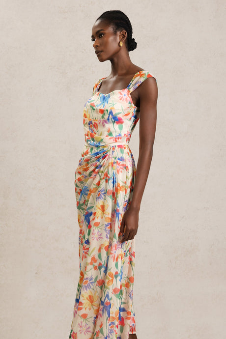 Ruby Beige Floral Maxi Dress Halter Neckline Lightweight Fabric Vibrant Prints B-Folds Casual Formal Brunch Gathering Chic Elegant Comfortable Fit Versatile Quality Craftsmanship