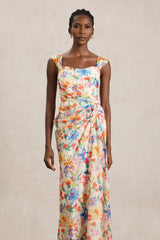 Ruby Beige Floral Maxi Dress Halter Neckline Vibrant Prints Chic Comfortable Fit Versatile Elegant Sophisticated Quality Craftsmanship