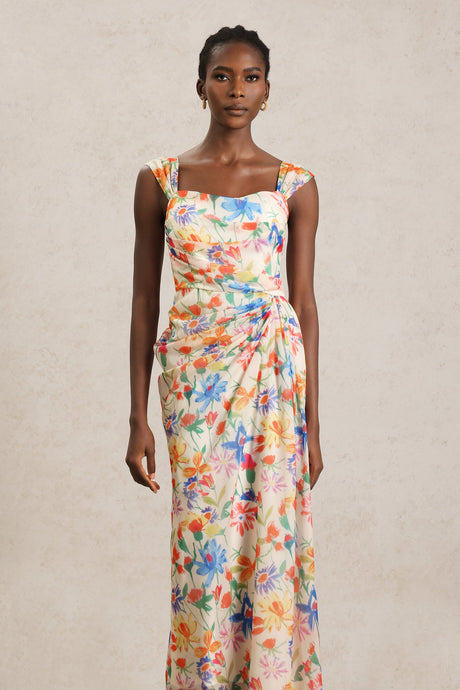 Ruby Beige Floral Maxi Dress Halter Neckline Vibrant Prints Chic Comfortable Fit Versatile Elegant Sophisticated Quality Craftsmanship