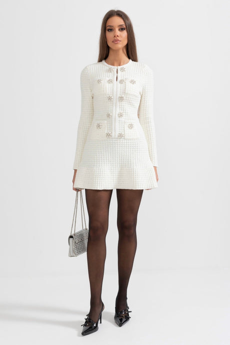 Ruby Dress - A - Line Silhouette - Tailored Fit - Textured Fabric - Button Detailing - Chic Vintage - Inspired Look