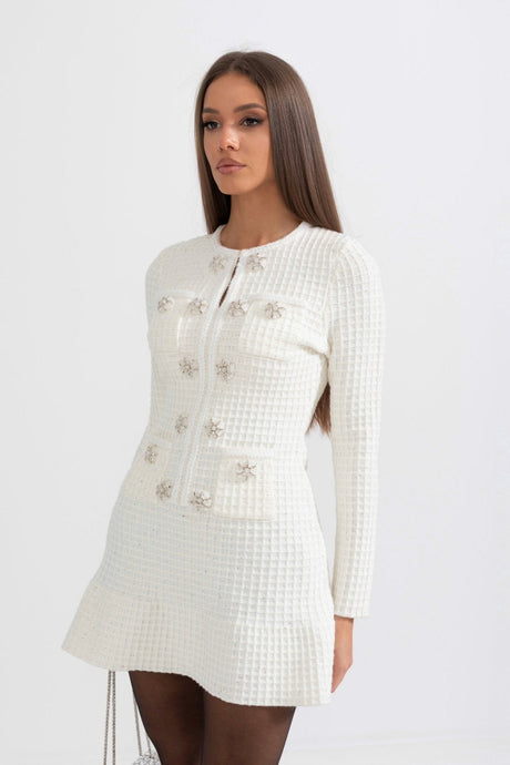 Ruby Dress - A - Line Silhouette - Tailored Fit - Textured Fabric - Button Detailing - Chic Vintage - Inspired Look