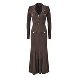 Ruby Maxi Dress - Form - fitting Silhouette - Button - Up Collar - Tailored Fit - Ribbed Knit Material - Gold Button Details