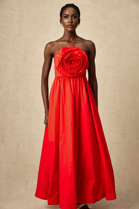 Ruby Maxi Dress in Stunning Red with Off - Shoulder Design and 3D Petal Details