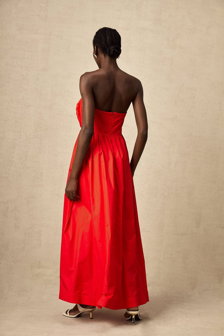 Ruby Maxi Dress in Stunning Red with Off - Shoulder Design and 3D Petal Details
